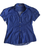 Express Blue w/ Silver Stripe Career Short Sleeve Button Down Top XS Met... - £12.72 GBP