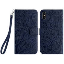 For iPhone X / XS Tree Birds Embossed Pattern Leather Phone Case(Blue) - £3.94 GBP