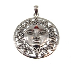 Handcrafted Solid 925 Sterling Silver Autumn Sun Face Pendant w/ Triangle Garnet - £47.20 GBP