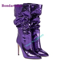 Purple Stone Pattern Mid Calf Boots Pointed Toe Thin High Heel Slip On Pleated B - £149.19 GBP