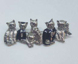 Vintage 6 Cats Black Enamel Silver Tone Rhinestone Kittens Brooch Pin - £10.21 GBP