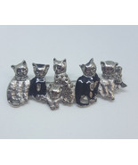 Vintage 6 Cats Black Enamel Silver Tone Rhinestone Kittens Brooch Pin - £10.35 GBP