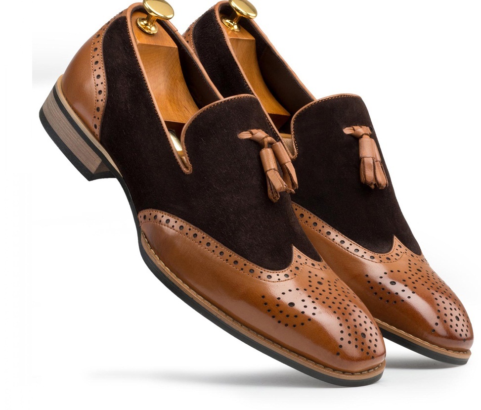 Men Two Tone Brown Suede Loafer Tassel Brogue Toe Wing Tip Leather Shoes US 7-16