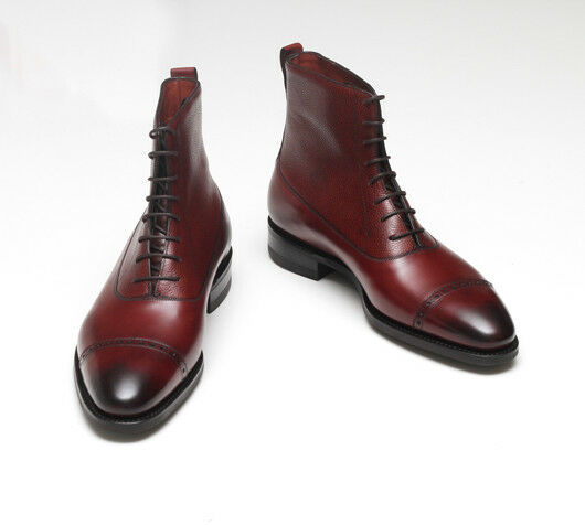 Men's High Ankle Burgundy Color Burnished Cap Toe Vintage Leather Boots US 7-16