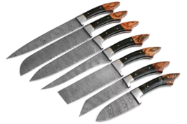 Damascus chef/kitchen custom made knives 7 pcs. set with leather shealth - $185.00