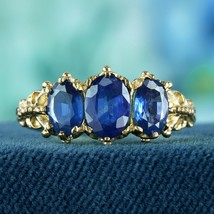 Natural Blue Sapphire Vintage Victorian Style Three Stone Ring in Solid 9K Gold - £704.82 GBP