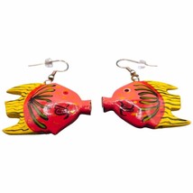 Pierced Colorful Earrings Fish Handpainted In Wood Bright Happy Color Tones - £7.73 GBP