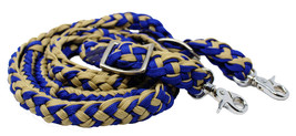 Horse Western Riding Tack Nylon Braided Knotted Barrel Reins Tan Blue 60779 - £14.53 GBP