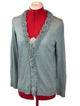 TALBOTS Gray Cardigan Button Sweater with Fringe Collar SMALL Long Sleev... - $14.73