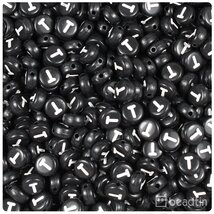 BeadTin Black Opaque 7mm Coin Plastic Alphabet Beads - White Letter T (1... - $2.09