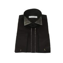 Men CEREMONIA Formal Cotton Shirt Rhinestone Slim Fit Turkey #ATS 115 Black image 2
