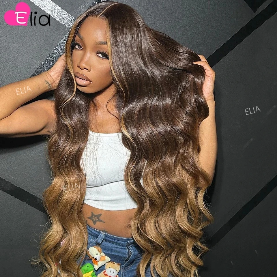 32 Inches Ombre Brown Lace Frontal Human Hair Wig 13x6 Body Wave Human Hair 13 - £78.27 GBP+