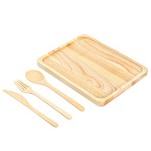 Handcrafted Rectangular Natural Rain Tree Wooden Snack Plate and Utensils 4pcs - £18.48 GBP
