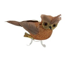 Christmas Holiday Brown Gold Feather Owl Bird Clip Ornament Small - £7.87 GBP