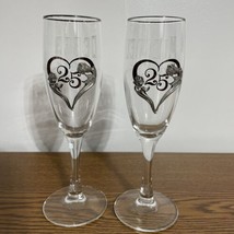 25th Wedding Anniversary Champagne Flutes Etched Silver Rose Heart Debra... - £11.55 GBP