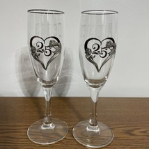 25th Wedding Anniversary Champagne Flutes Etched Silver Rose Heart Debra... - $14.69