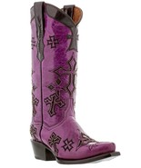 Cowboy Boots for Women Purple Distressed Leather Black Inlay Cross Snip Toe - £84.57 GBP