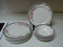 Gibson Housewares Gray &amp; Pink Flowers ~ Dinner Plates &amp; Bowls 11 Pieces - £42.00 GBP