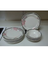 Gibson Housewares Gray &amp; Pink Flowers ~ Dinner Plates &amp; Bowls 11 Pieces - £41.89 GBP