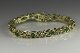 Colombian Simulated Emerald &amp; Diamond 7.25&quot; 925 Silver Gold Plated Bracelet - £166.98 GBP