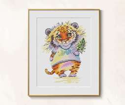 Little Tiger Cross stitch pdf  pattern - Watercolor tiger cub cross stitch  - £6.48 GBP