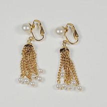 Gold Tone Faux Pearl Dangle Tassel Clip On Earrings Vintage  - $8.14