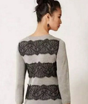 Anthropologie Knitted &amp; Knotted Sweater Black Lace on Gray Shimmer Buttons MED - £14.93 GBP