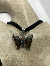 Vintage Smoky Topaz Choker Black Velvet pendant necklace - £74.49 GBP