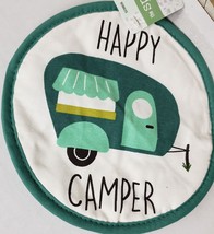 1 Printed Round Cotton Pot Holder, 7.25&quot;, HAPPY CAMPER TRUCK with green ... - $7.91