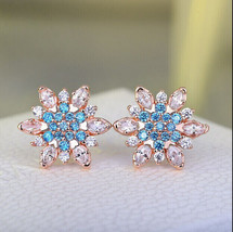 2Ct Round Cut CZ Aquamarine Flower Cluster Stud Earrings 14K Rose Gold PLated - £85.53 GBP