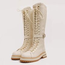 The Istinye Cream Leather Knee High Lace-Up Women Boot Limited Edition image 2