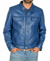 Blue Men&#39;s Real Lambskin Leather Shirt Handmade Stylish Casual Party Fas... - £84.08 GBP+