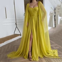 Beautiful Yellow Long Cape Sleeves Chiffon Bohemian Prom Dresses Backless Vintag - £278.89 GBP