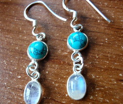 Turquoise and Moonstone Two Stone 925 Sterling Silver Dangle Earrings New - £12.16 GBP