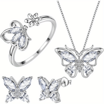 Coquette Jewelry Set Butterfly Necklace Earrings Ring in Zircon - $56.66