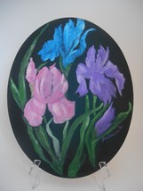 VTG Original Oval Painting Black with Pink Blue Purple Floral Iris Flower Signed - £11.62 GBP