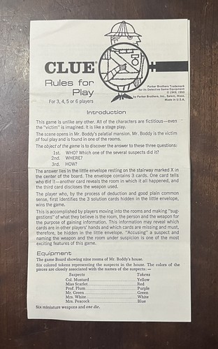 Vintage 1960 Original Clue Board Game Parker Brothers Vintage 1960 Instr... - $5.95