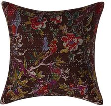 INDACORIFIE Indian Cotton Handmade Kantha Pillow Cover Throw Brown Floral Print  - £11.98 GBP