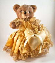 Unbranded Tan Bear Plush With Gold Heart Pillow and Dress 13&quot; Tall Jointed - $12.99