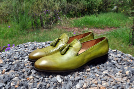 Men&#39;s Olive Green Handmade Tassels Loafers Shoes Leather Dress Shoes for Men - £136.18 GBP+