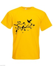 Mens T-Shirt Tree Branch, Falling Leafs, Birds, Flowers, Forest Nature Tshirt - £19.87 GBP
