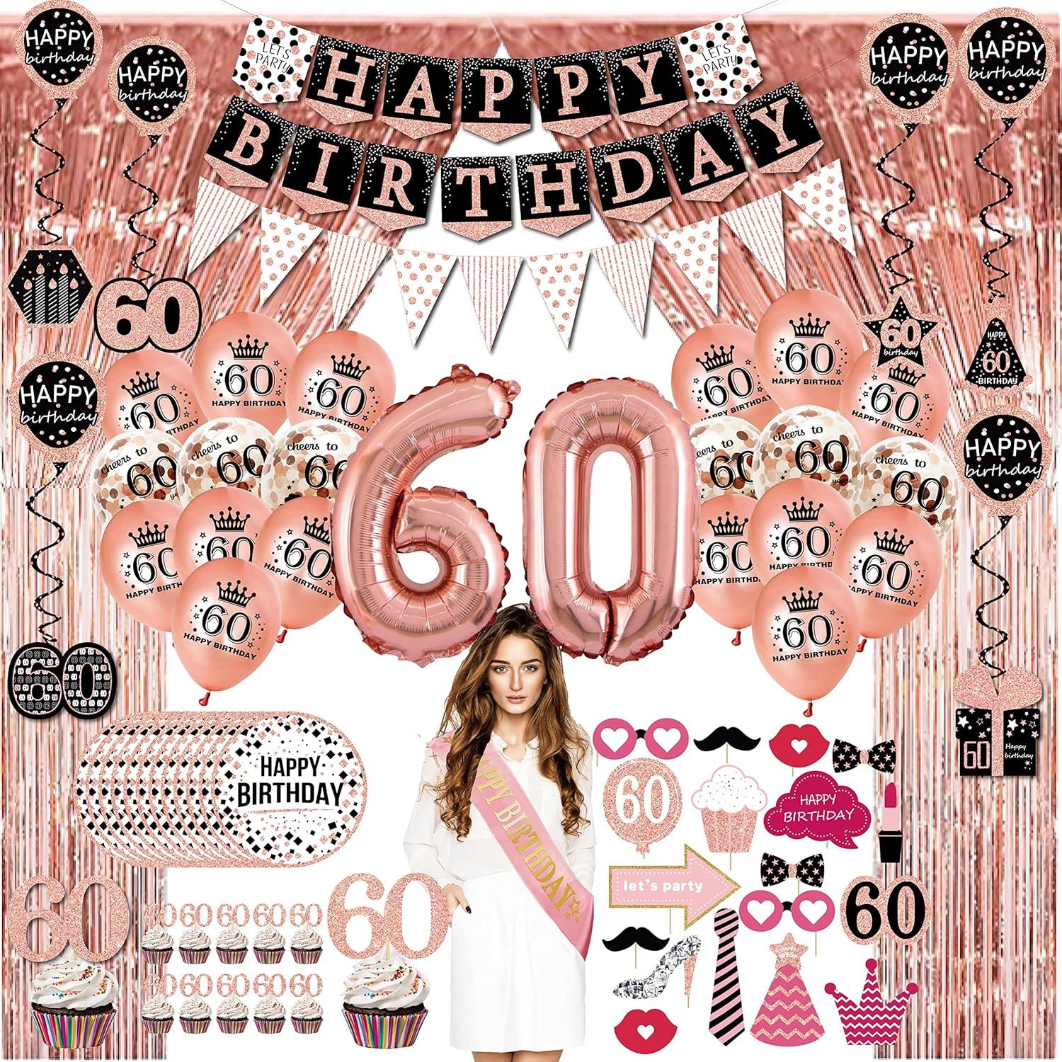 60Th Birthday Decorations For Women - (76Pack) Rose Gold Party Banner, Pennant,