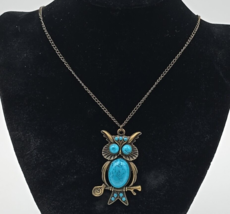 Bronze Tone Owl Pendant w/ Faux Turquoise Accent Necklace 27&quot; Chain - £14.92 GBP