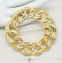 Vintage Signed MONET Double Curb Link Circle Gold Plated BROOCH Pin Jewellery - £27.10 GBP