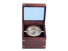 Solid Brass Lifeboat Compass w/ Rosewood Box 5&quot;&quot; - £62.54 GBP