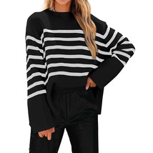 Women&#39;S 2023 Fall Winter Casual Oversized Long Sleeve Striped Sweater Cr... - £44.69 GBP