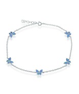 Sterling Silver Blue Inlay Opal Butterfly Charms Anklet 9&#39;&#39;+1&#39;&#39; - $47.49