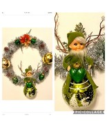 OOAK Kitschy 13” Christmas Wreath W/Vintage Elf & Vintage Ornament-Tinsel Fun! - $60.78