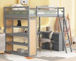 Full Size Loft Bed With Desk &amp; Shelves, Wooden Loft Bed Frame With Ladde... - $1,002.99