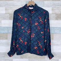 Pendleton Country Floral Plaid Tie Neck Blouse Green Cottagecore VTG Womens 10P - $34.64